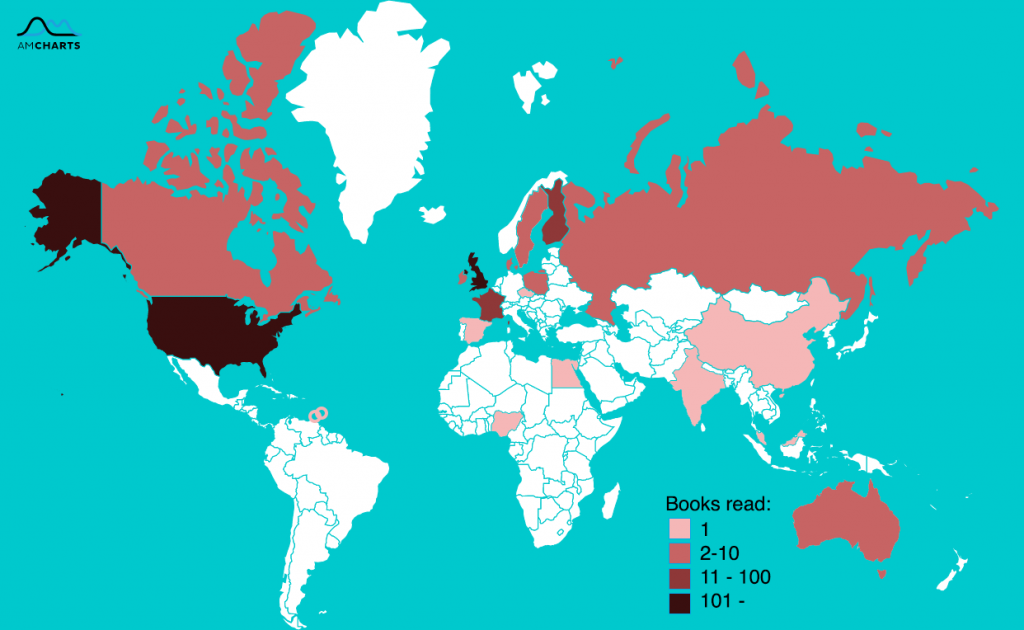 Australia: 2-10, Barbados: 1, Canada: 2-10, China: 1, Czech Republic: 1, Denmark: 2-10, Egypt: 1, Finland: 11+, France: 11+, Grenada: 1, India: 1, Ireland: 2-10, Malaysia: 1, Nigeria: 1, Poland: 2-10, Russia: 2-10, Spain: 1, Sweden: 2-10, UK: 101+, USA: 101+